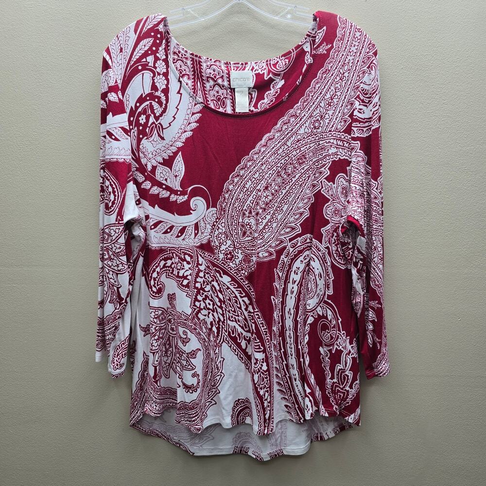 Chico's Tunic Top Size 2 US Large 3/4 Sleeve Paisley Print Artsy Red & White
